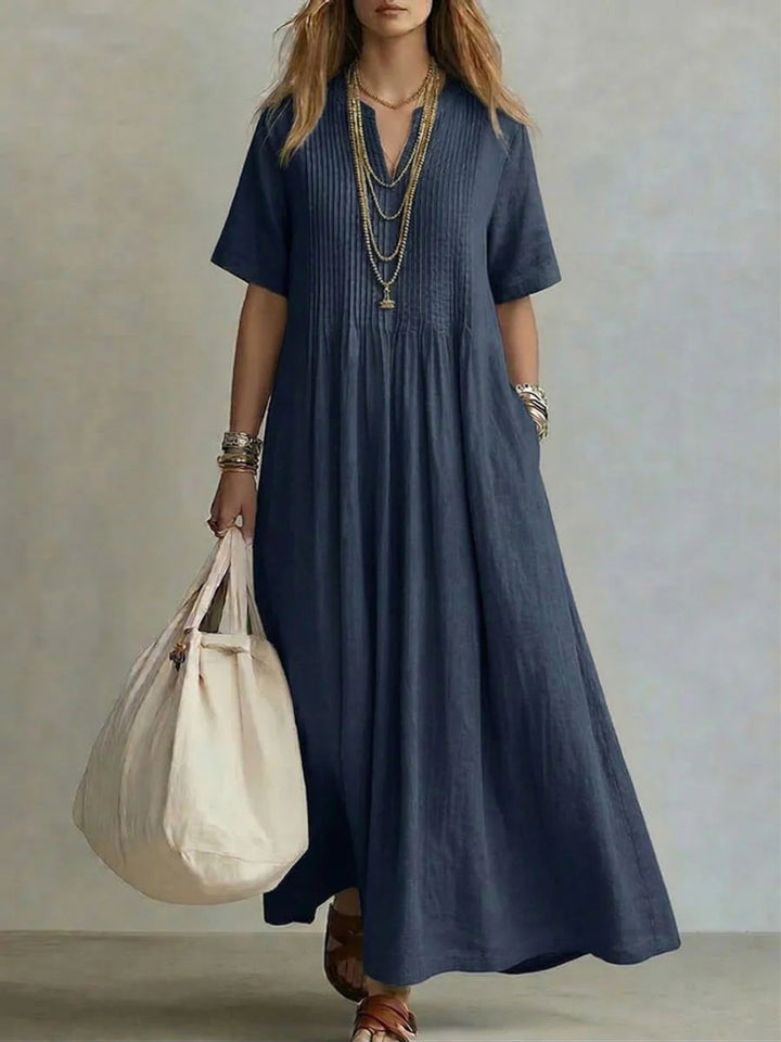 Women's Relaxed-Fit V-Neck Pleated Linen Maxi Dress - Navy Blue