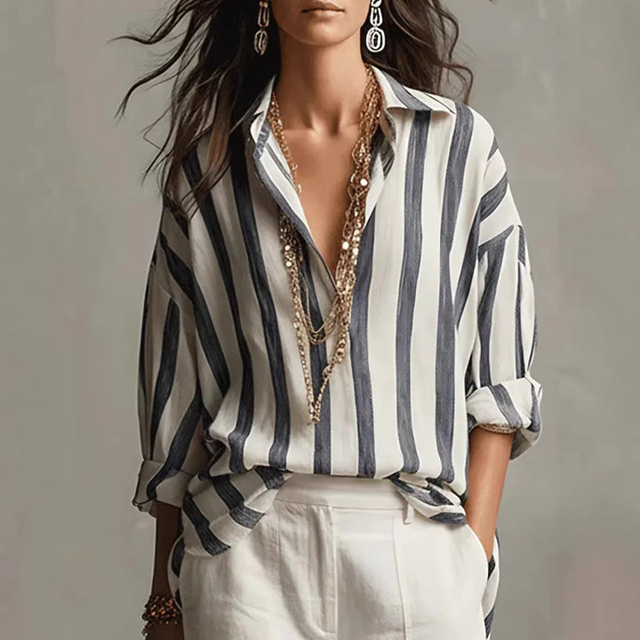 Women's Relaxed-Fit Vertical Striped Long Sleeve Linen Blouse - Black