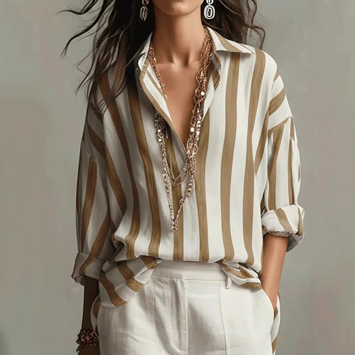 Women's Relaxed-Fit Vertical Striped Long Sleeve Linen Blouse - Brown