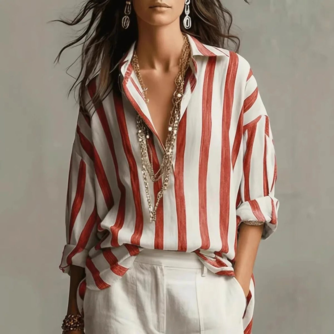 Women's Relaxed-Fit Vertical Striped Long Sleeve Linen Blouse - Red