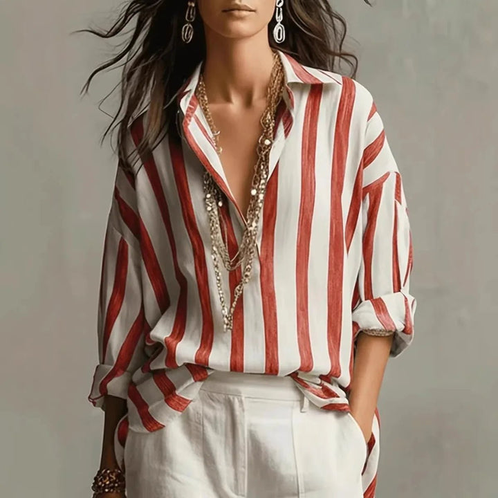 Women's Relaxed-Fit Vertical Striped Long Sleeve Linen Blouse - Red