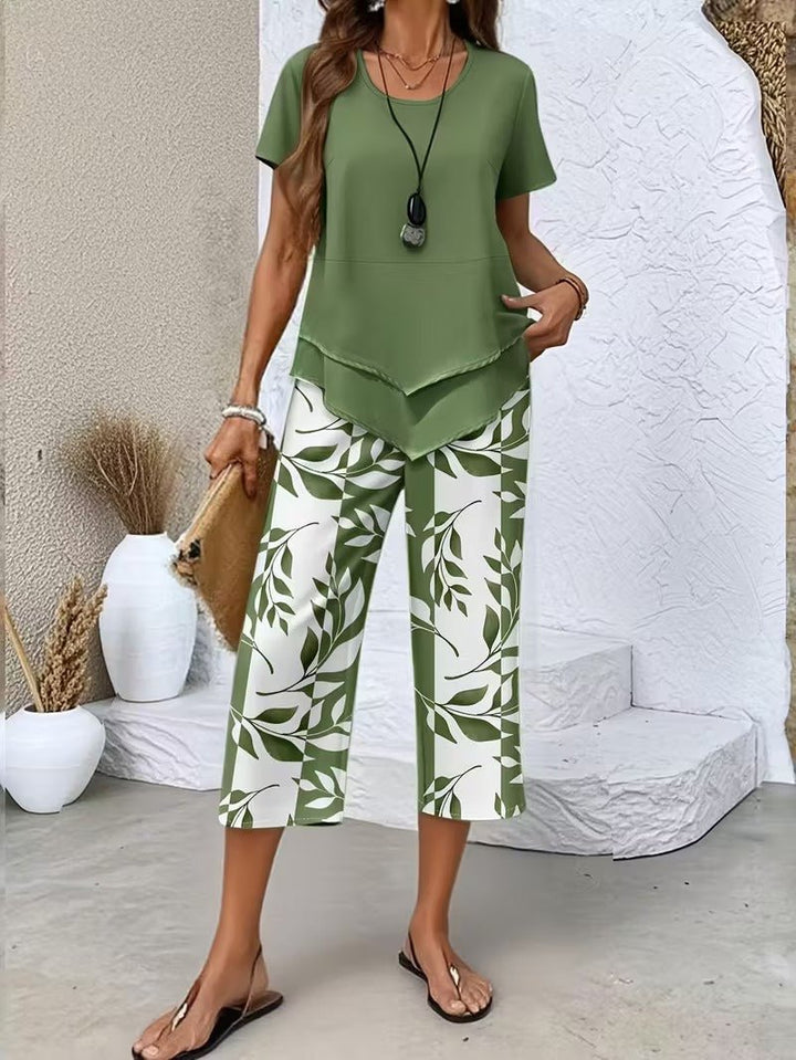Women's Relaxed Leaf Print Two Piece Coordinated Set - Green