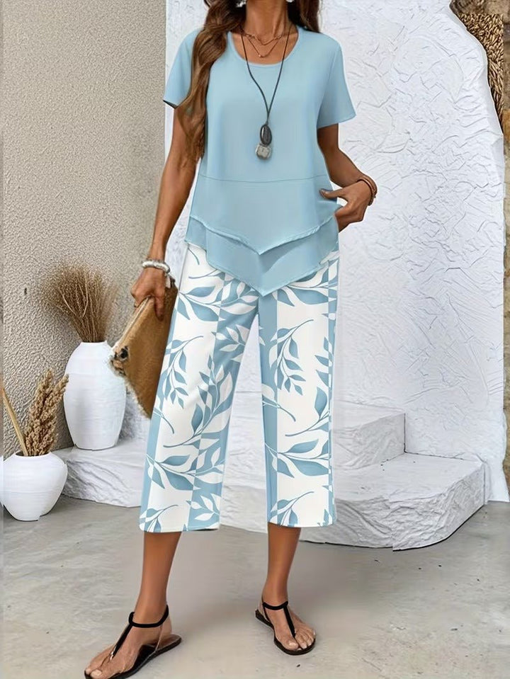 Women's Relaxed Leaf Print Two Piece Coordinated Set - Light Blue