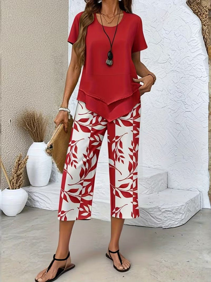 Women's Relaxed Leaf Print Two Piece Coordinated Set - Red