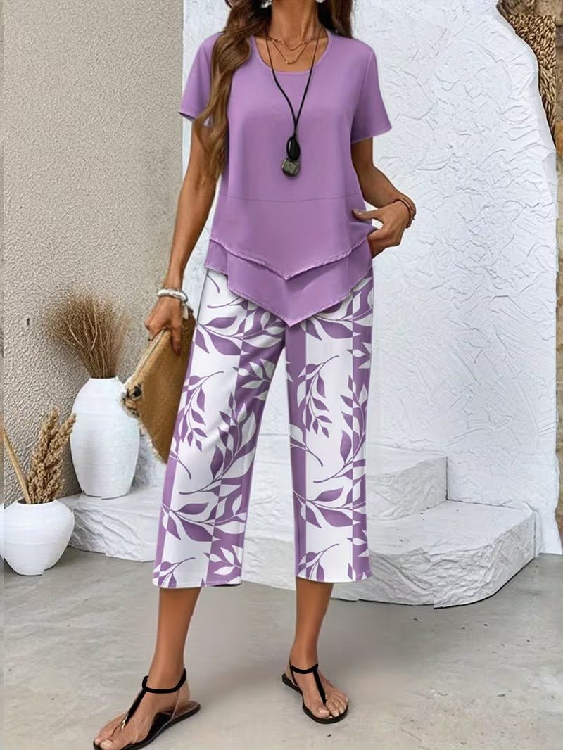 Women's Relaxed Leaf Print Two Piece Coordinated Set - Purple