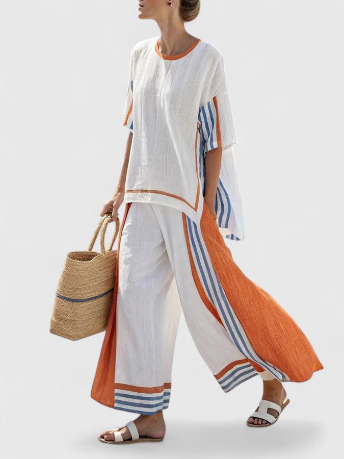 Women's Relaxed Linen-Mix Wide-Leg Two-Piece Co-Ord Set - Oranje Streep