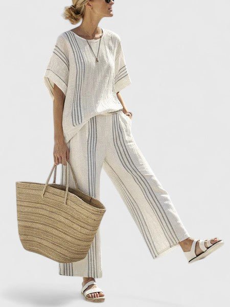 Women's Relaxed Linen-Mix Wide-Leg Two-Piece Co-Ord Set - Blauwe streep