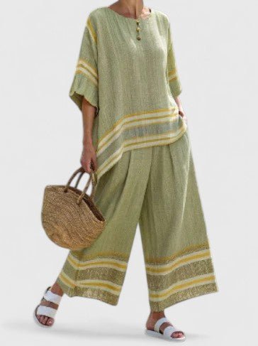 Women's Relaxed Linen-Mix Wide-Leg Two-Piece Co-Ord Set - Groen