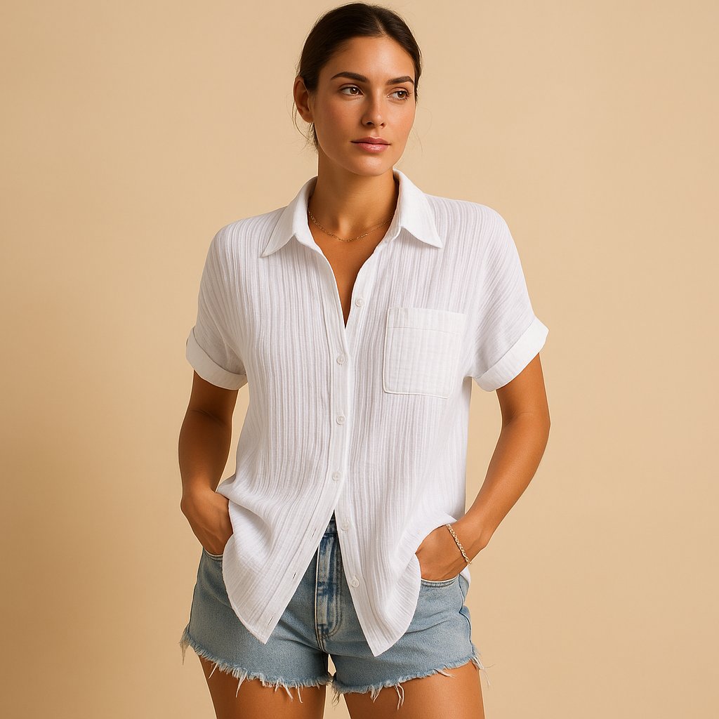 Women's Relaxed Short Sleeve Linen-Feel Cotton Gauze Shirt