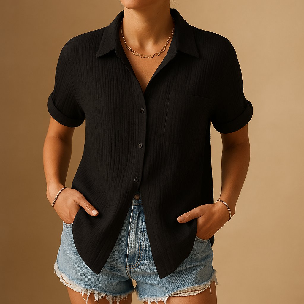 Women's Relaxed Short Sleeve Linen-Feel Cotton Gauze Shirt - Black
