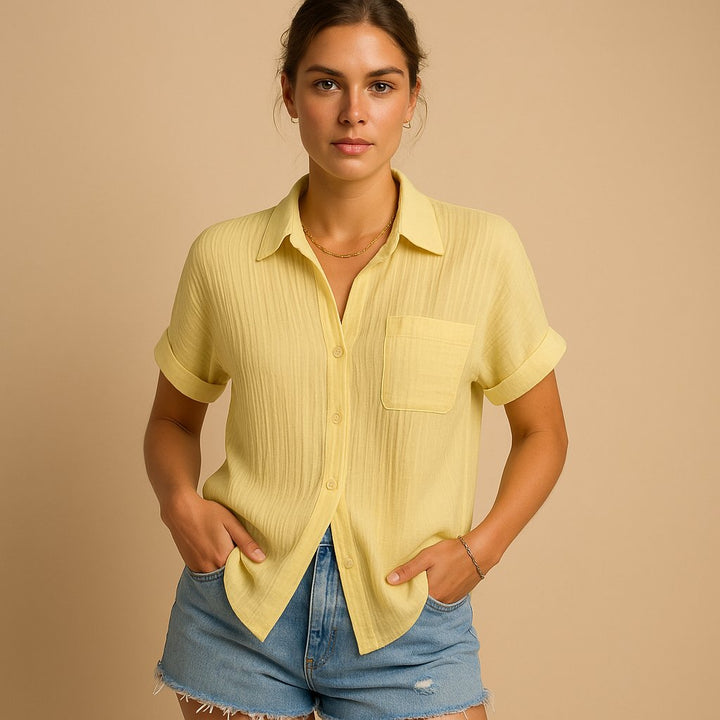 Women's Relaxed Short Sleeve Linen-Feel Cotton Gauze Shirt - Yellow