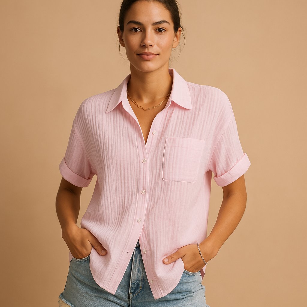 Women's Relaxed Short Sleeve Linen-Feel Cotton Gauze Shirt - Pink