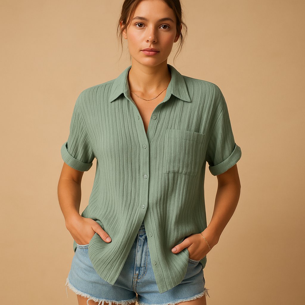 Women's Relaxed Short Sleeve Linen-Feel Cotton Gauze Shirt - Green