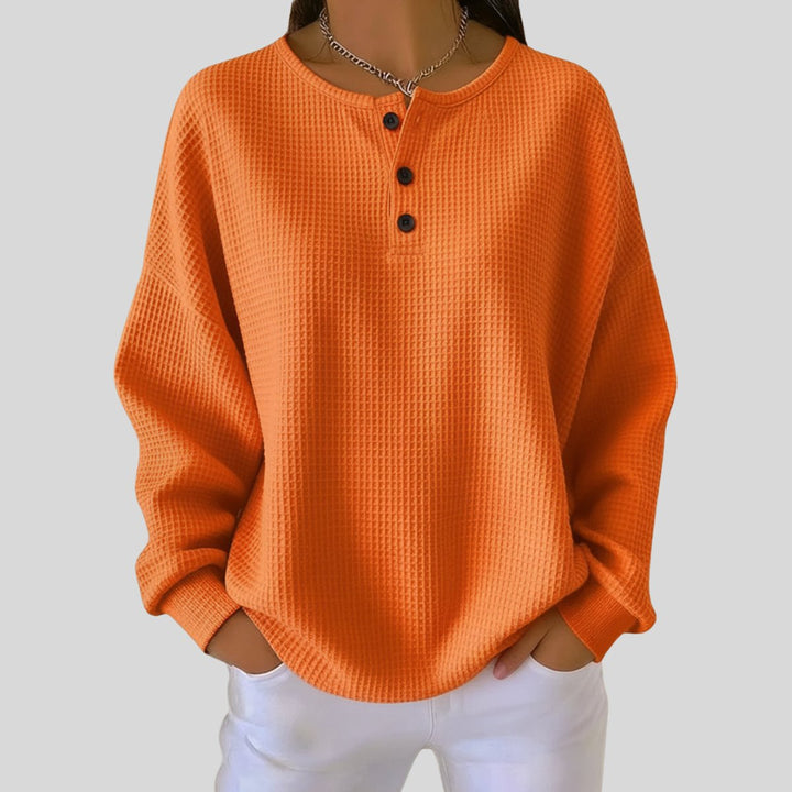 Women's Relaxed Waffle Knit Sweater Henley Long Sleeve Top