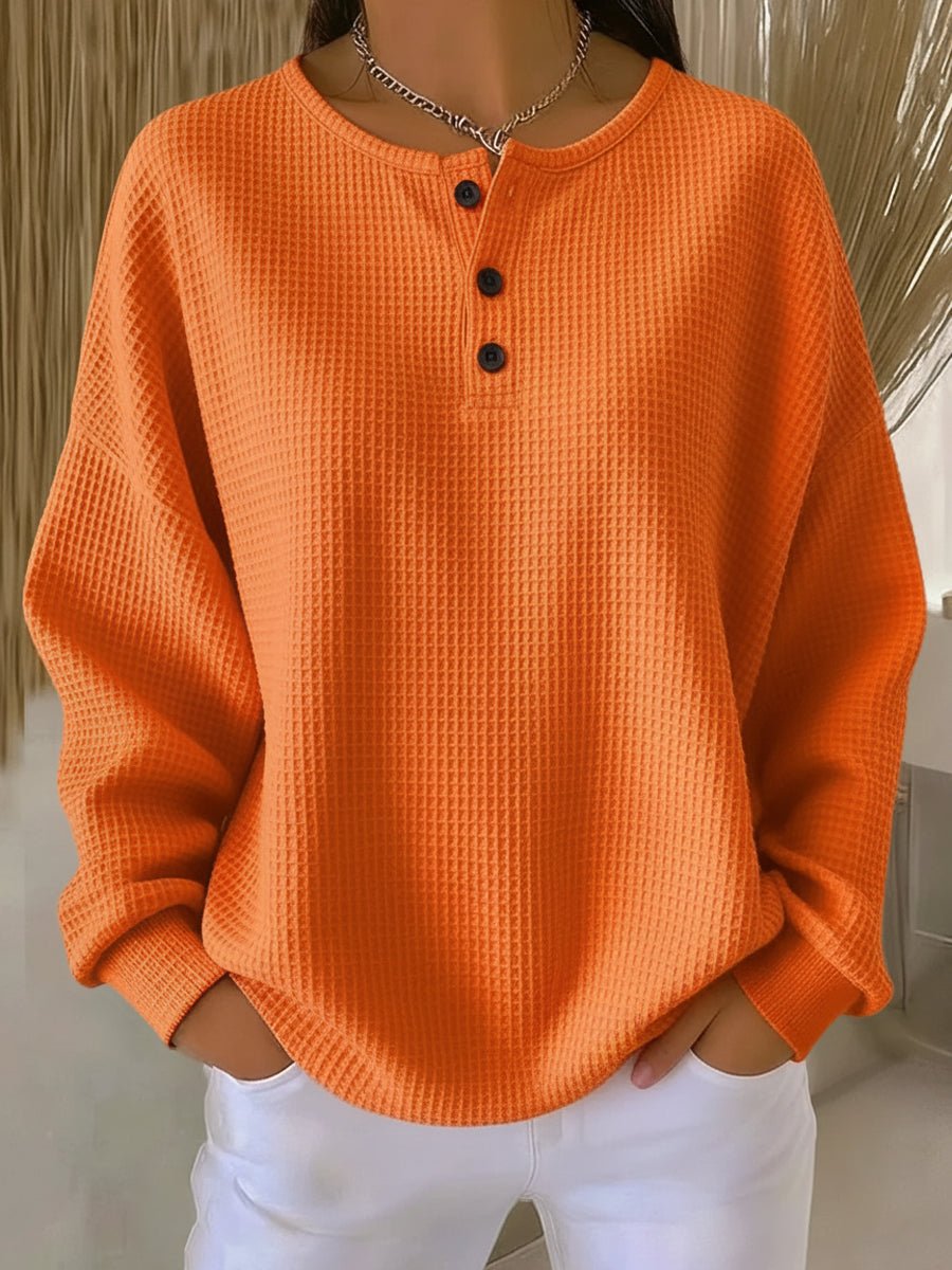 Women's Relaxed Waffle Knit Sweater Henley Long Sleeve Top - Orange