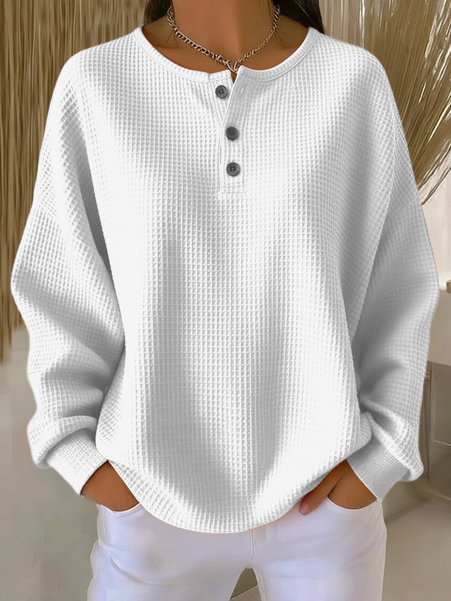 Women's Relaxed Waffle Knit Sweater Henley Long Sleeve Top - White