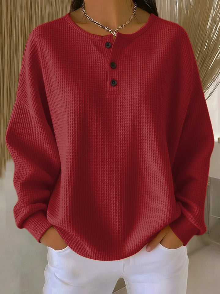 Women's Relaxed Waffle Knit Sweater Henley Long Sleeve Top - Red