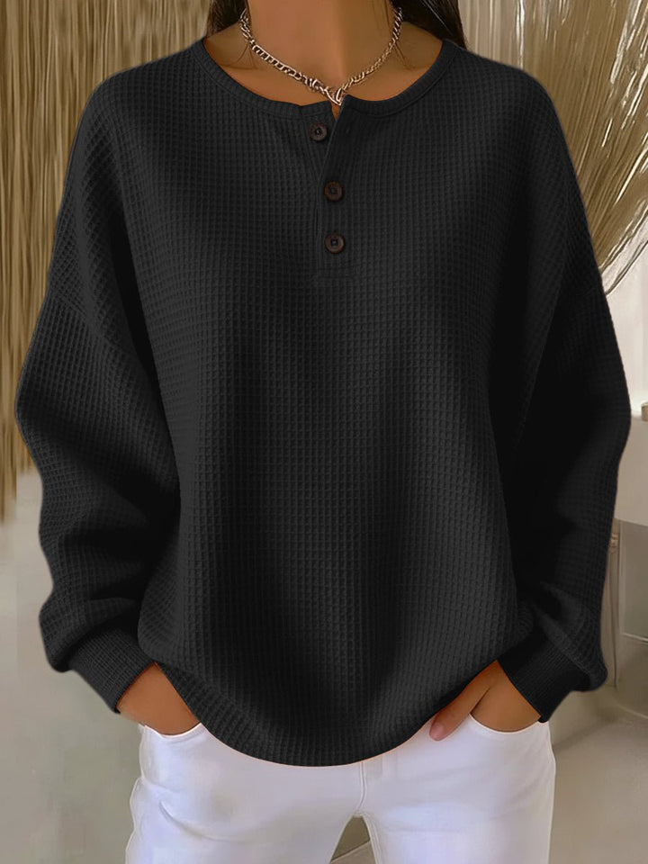 Women's Relaxed Waffle Knit Sweater Henley Long Sleeve Top - Black