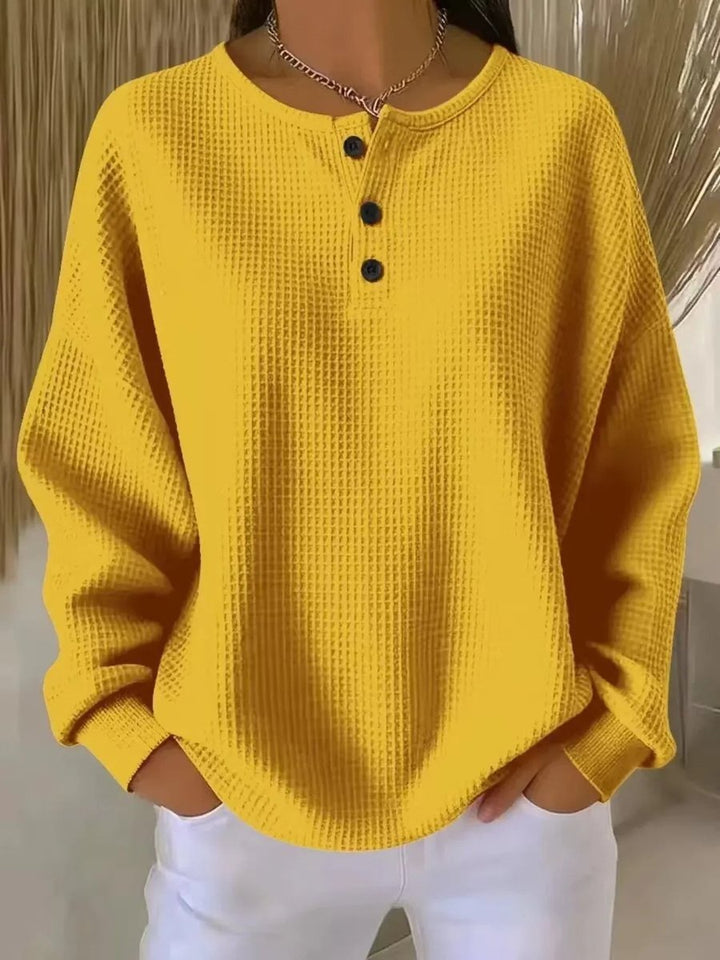 Women's Relaxed Waffle Knit Sweater Henley Long Sleeve Top - Yellow