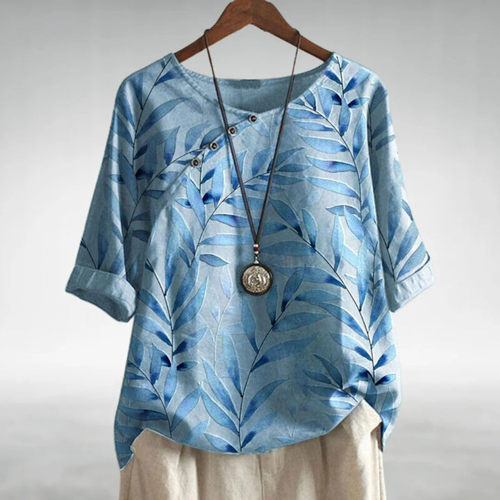 Women's Relaxed Watercolour Print Linen Top Short Sleeve - Blue