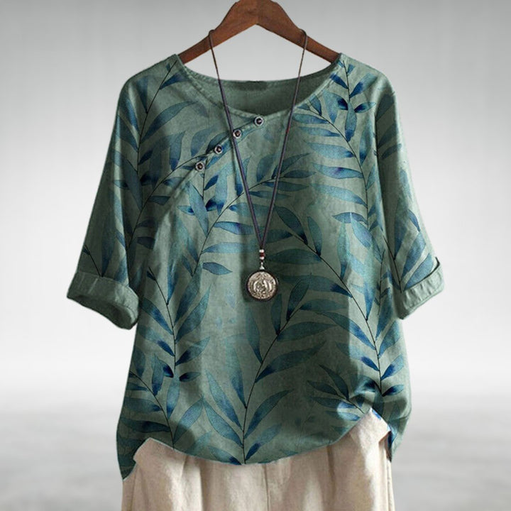 Women's Relaxed Watercolour Print Linen Top Short Sleeve - Green