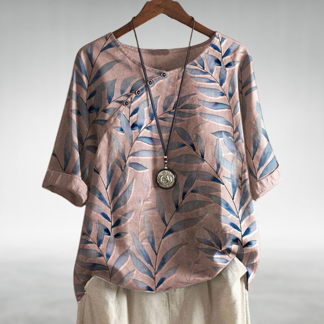 Women's Relaxed Watercolour Print Linen Top Short Sleeve - Pink