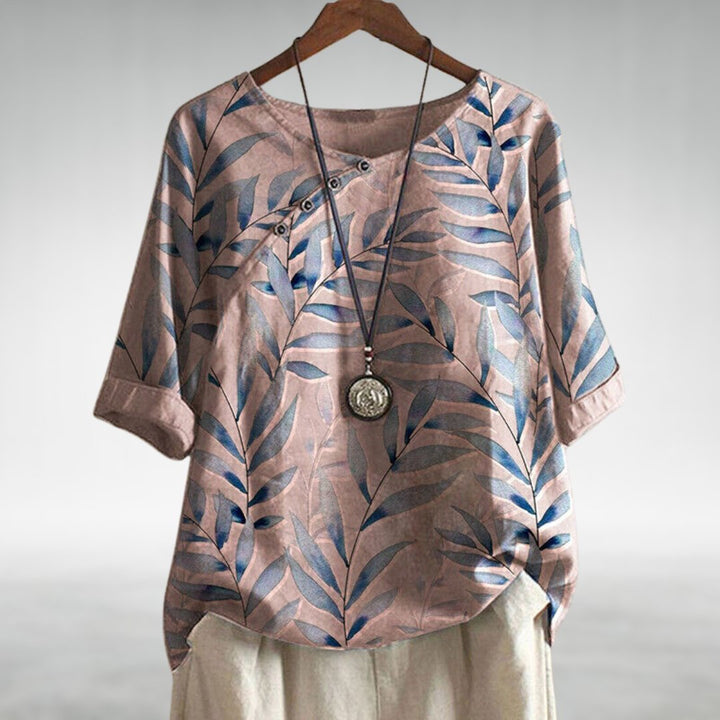 Women's Relaxed Watercolour Print Linen Top Short Sleeve - Pink