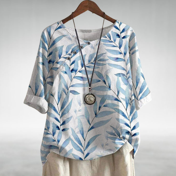 Women's Relaxed Watercolour Print Linen Top Short Sleeve - White