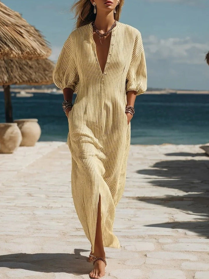 Women's Ribbed Button-Down Midi Dress - Yellow