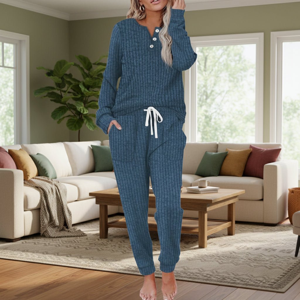 Women's Ribbed Button-Neck Long-Sleeve Loungewear Two-Piece Set - Navy Blue