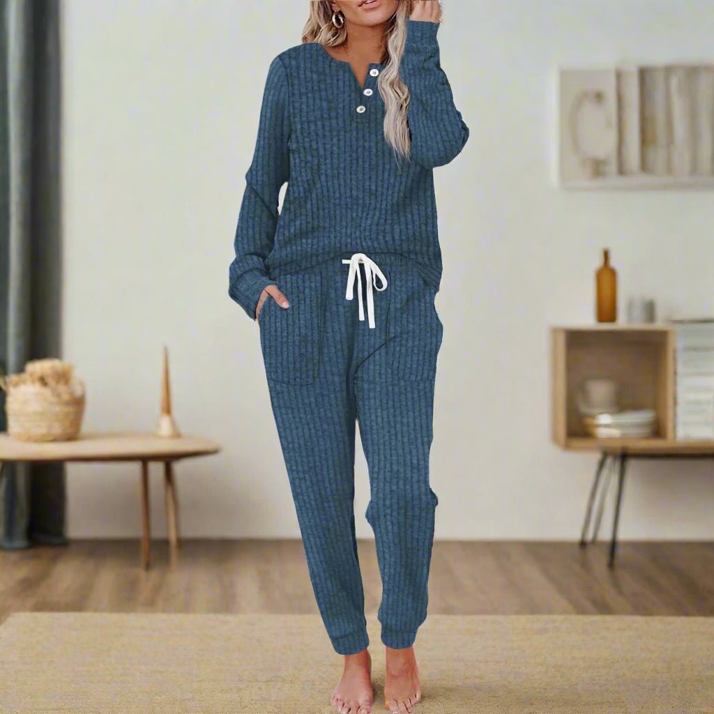 Women's Ribbed Button-Neck Long-Sleeve Loungewear Two-Piece Set