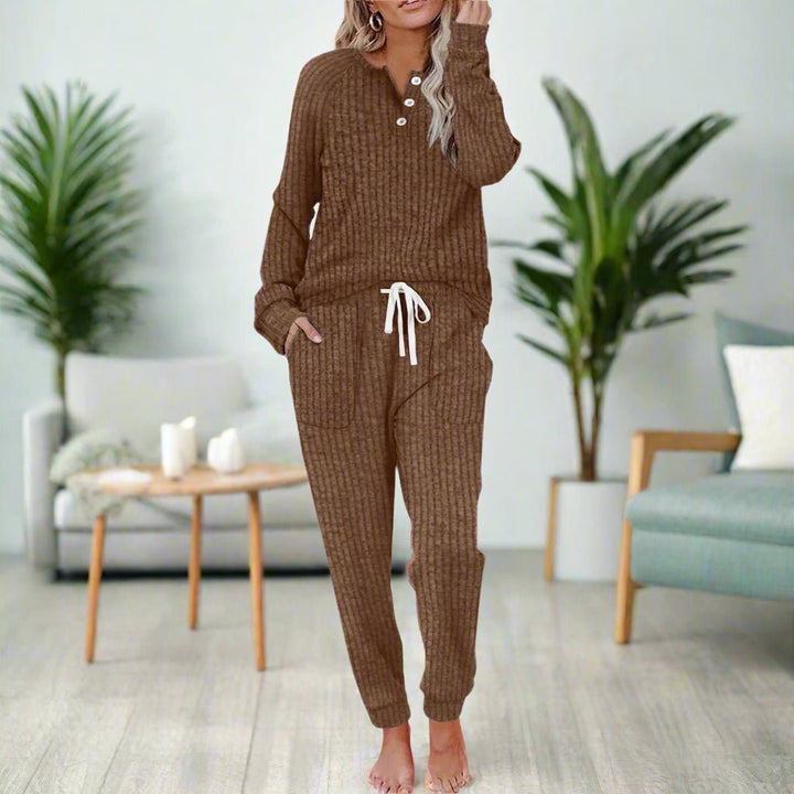 Women's Ribbed Button-Neck Long-Sleeve Loungewear Two-Piece Set