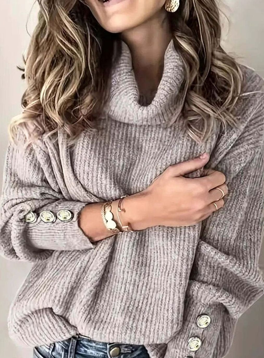 Women's Ribbed Cowl Neck Sweater Button-Cuff Knit Jumper - Grey