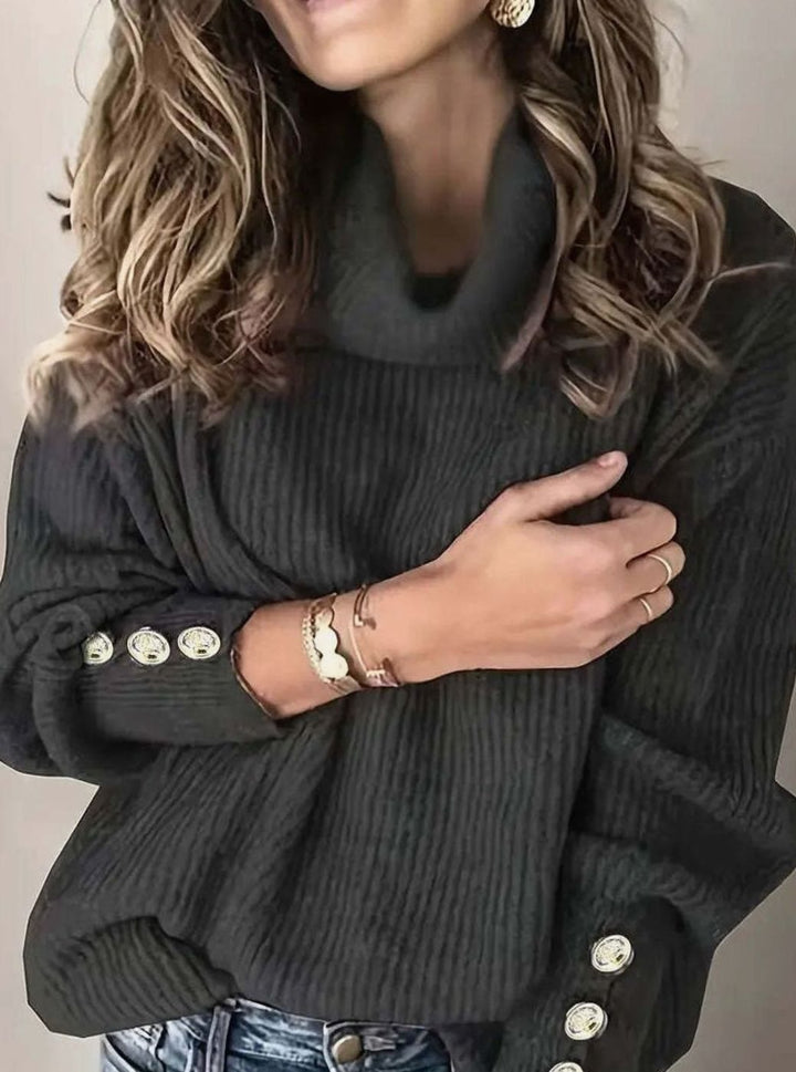 Women's Ribbed Cowl Neck Sweater Button-Cuff Knit Jumper - Black