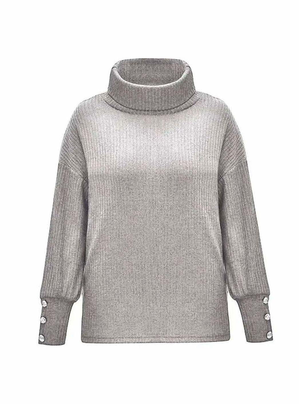 Women's Ribbed Cowl Neck Sweater Button-Cuff Knit Jumper