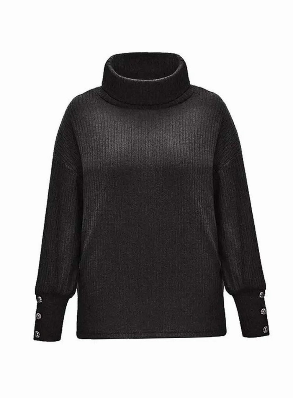 Women's Ribbed Cowl Neck Sweater Button-Cuff Knit Jumper
