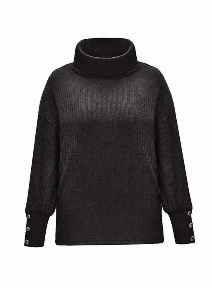 Women's Ribbed Cowl Neck Sweater Button-Cuff Knit Jumper