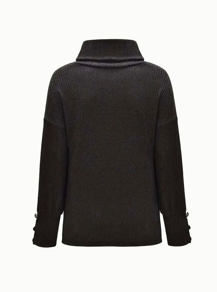 Women's Ribbed Cowl Neck Sweater Button-Cuff Knit Jumper