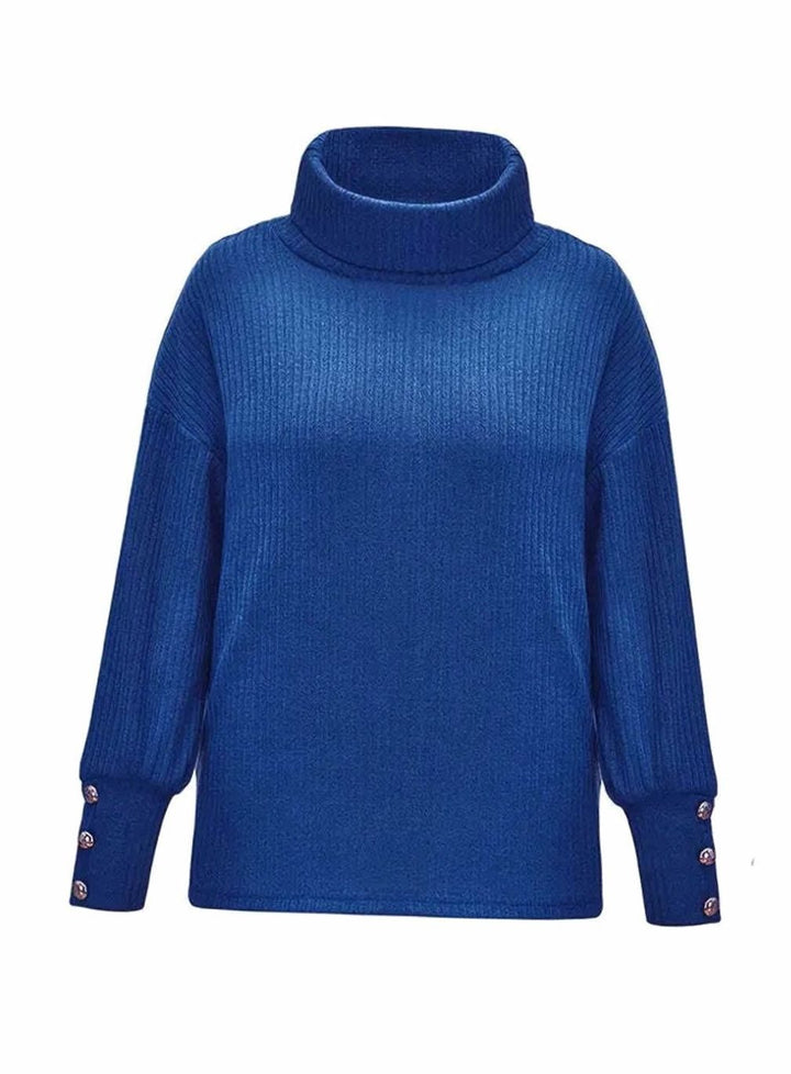 Women's Ribbed Cowl Neck Sweater Button-Cuff Knit Jumper - Blue