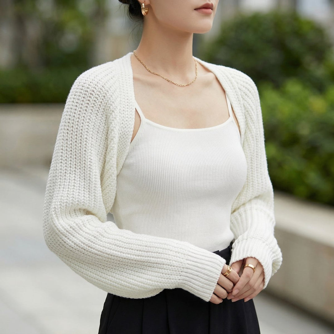 Women's Ribbed Knit Cropped Shrug Jumper Raglan Sleeve - White