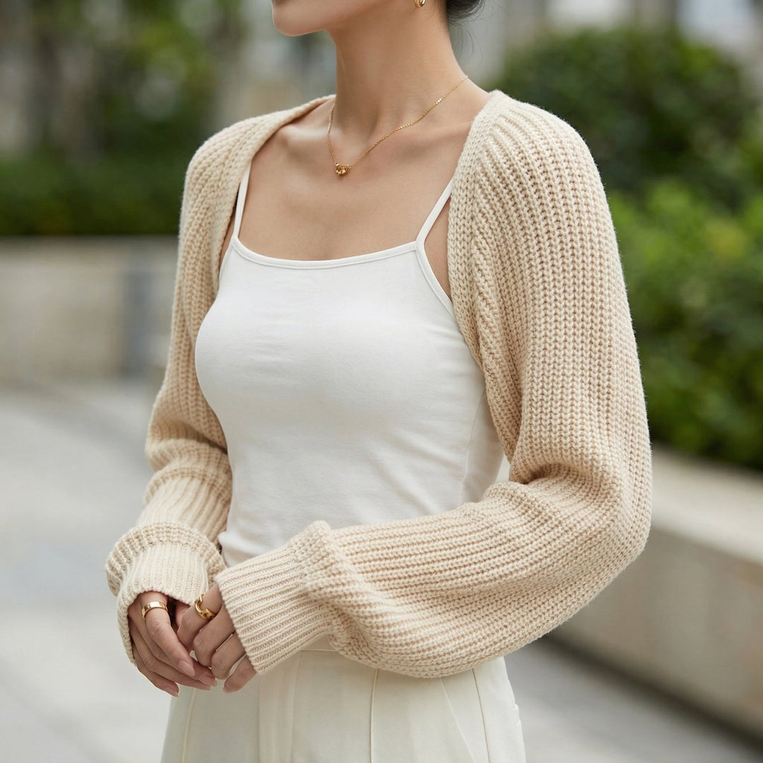 Women's Ribbed Knit Cropped Shrug Jumper Raglan Sleeve - Beige