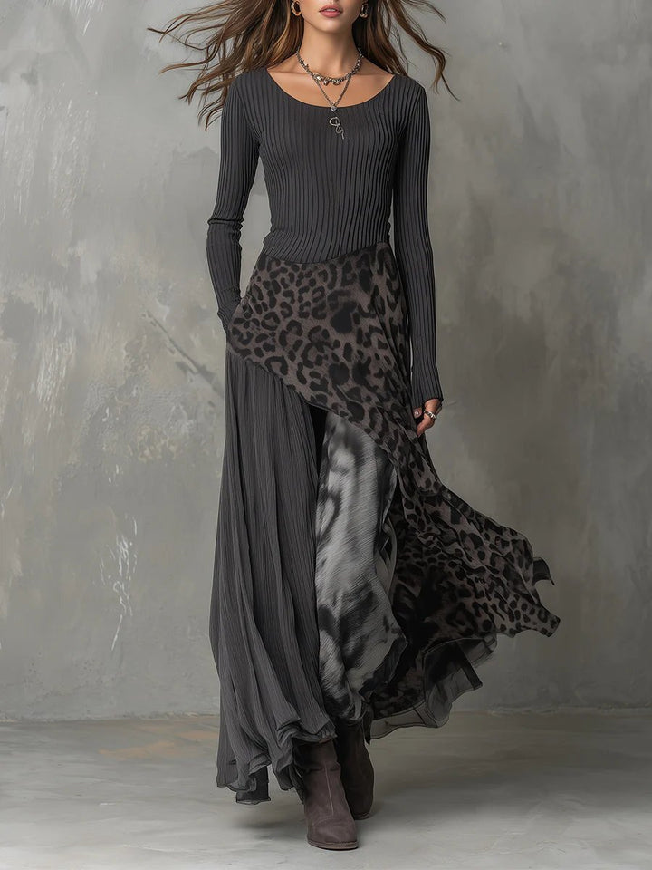 Women's Ribbed Knit Leopard Print Irregular Hem Maxi Long Sleeve Dress - Grey