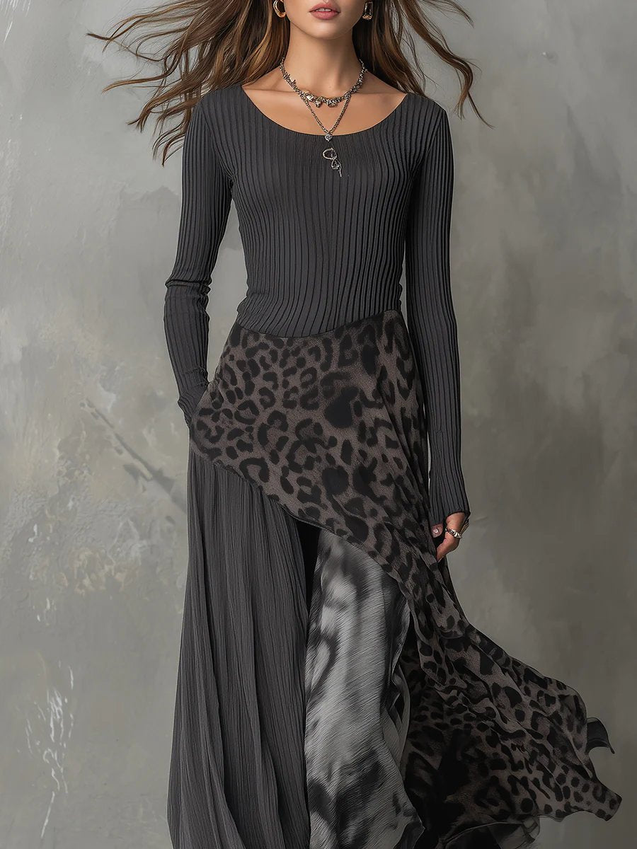Women's Ribbed Knit Leopard Print Irregular Hem Maxi Long Sleeve Dress