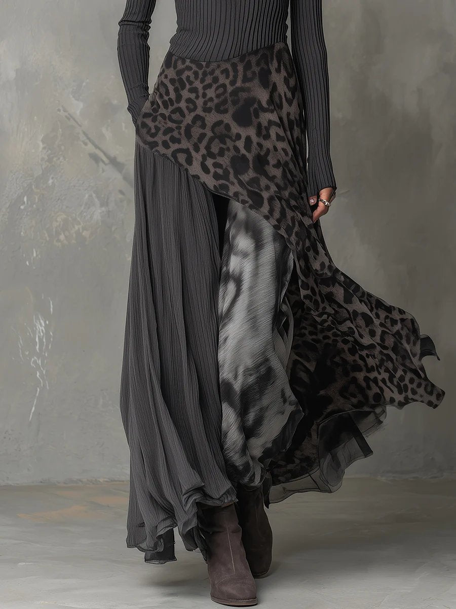 Women's Ribbed Knit Leopard Print Irregular Hem Maxi Long Sleeve Dress