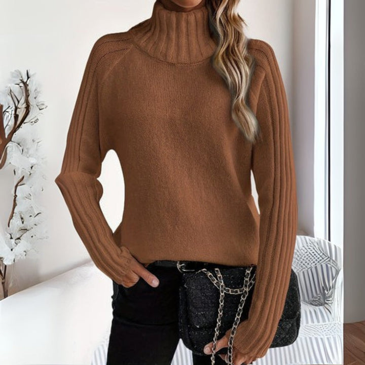 Women's Ribbed Knit Turtleneck Sweater Relaxed Long Sleeve Jumper - Brown