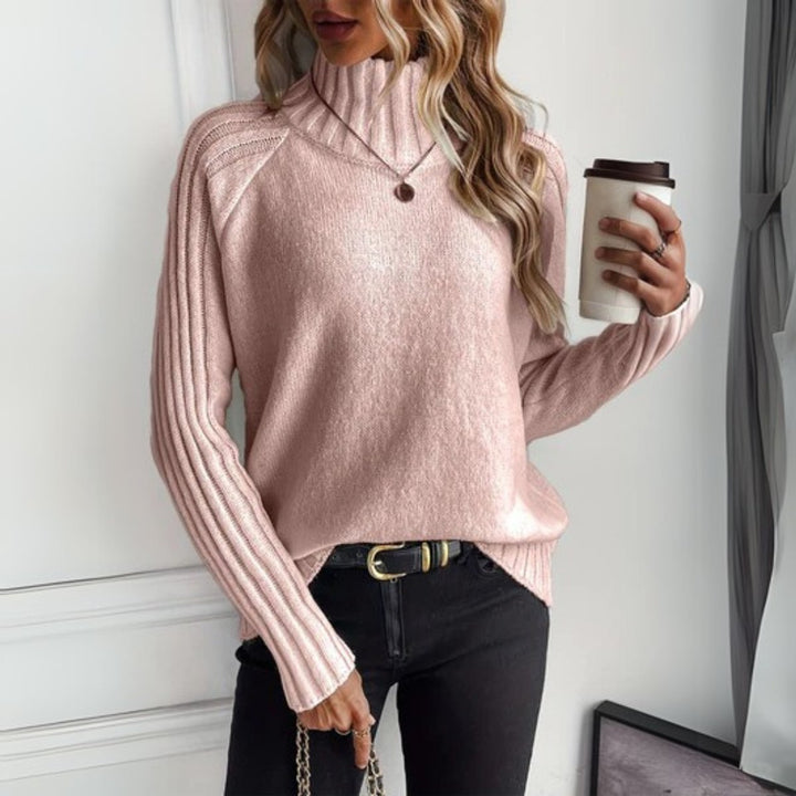 Women's Ribbed Knit Turtleneck Sweater Relaxed Long Sleeve Jumper - Pink