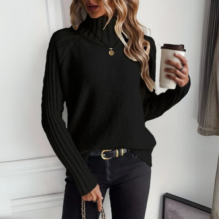 Women's Ribbed Knit Turtleneck Sweater Relaxed Long Sleeve Jumper - Black