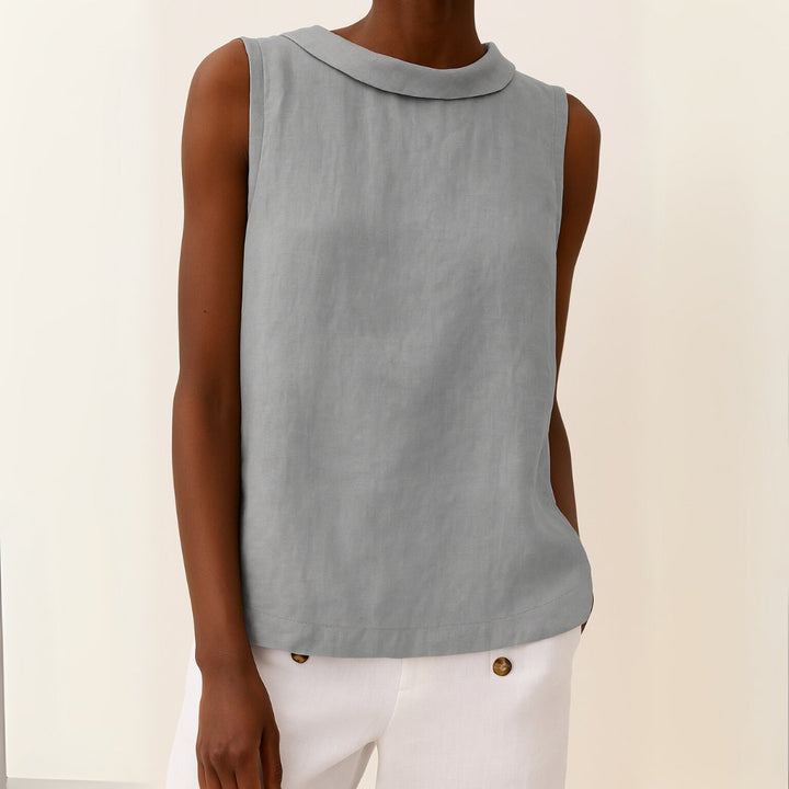 Women's Roll Neck Sleeveless Linen Blouse - Grey