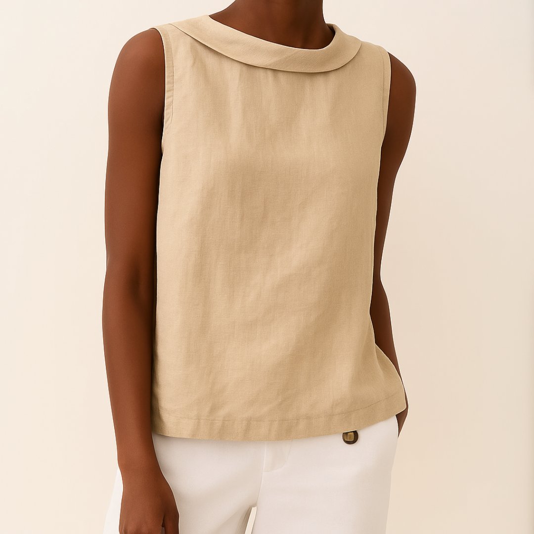 Women's Roll Neck Sleeveless Linen Blouse - Beige