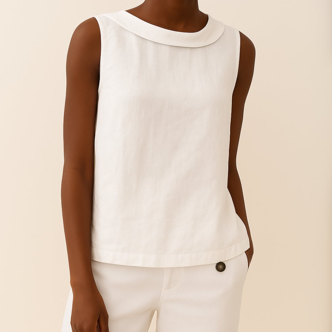 Women's Roll Neck Sleeveless Linen Blouse - White